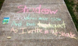 Shadows move slow and birds tweet quiet I write in the shade. Kylon