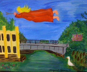 Flying Angel over Duperier Street Bridge, an original painting by Margaret Simon