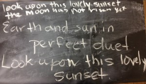 Look upon this lovely sunset The moon has not risen yet. Earth and sun in perfect duet. Look upon this lovely sunset. Brooke and Vannisa