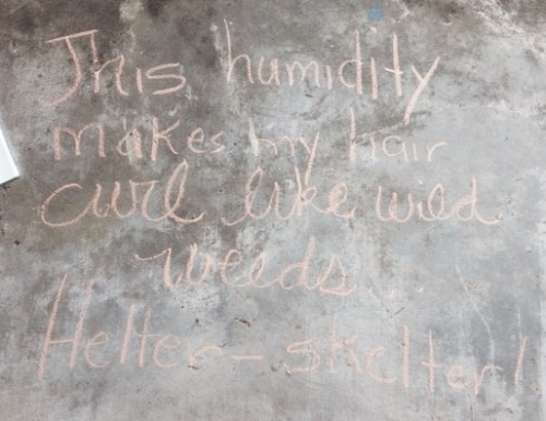 This humidity makes my hair curl like wild weeds, all helter-skelter. by Margaret Simon