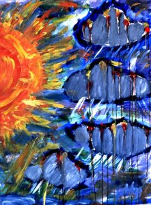 "Sometimes, George uses paintbrushes.  But most days, he fingerpaints, using heavy work gloves with gobs and gobs of paint."