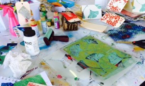 The mess of creative play with gel printing.