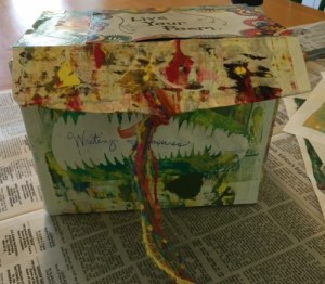 Completed box. I thread a colorful ribbon through a hole to make a decorative pull.