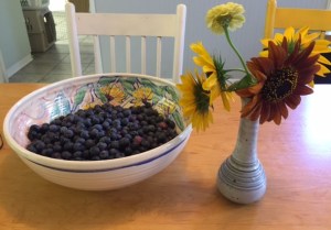 Kitchen brightened by fresh fruit and fresh flowers.