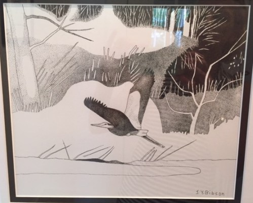 Heron, pen and ink pointillism by John Gibson.