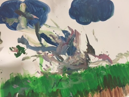 Painting the rain, collaborative work by a mother and son at the shelter.