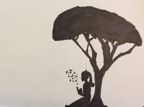 Girl reading under acacia tree by Emily, 6th grade. 
